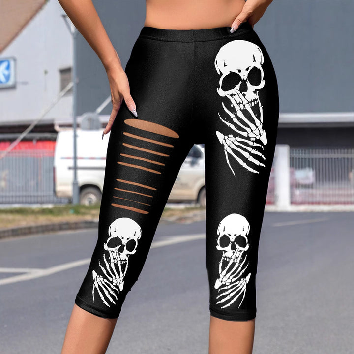 Damernas leggings med iögonfallande dödskalletryck och moderiktiga utklipp Mirla-Eva Jonsson