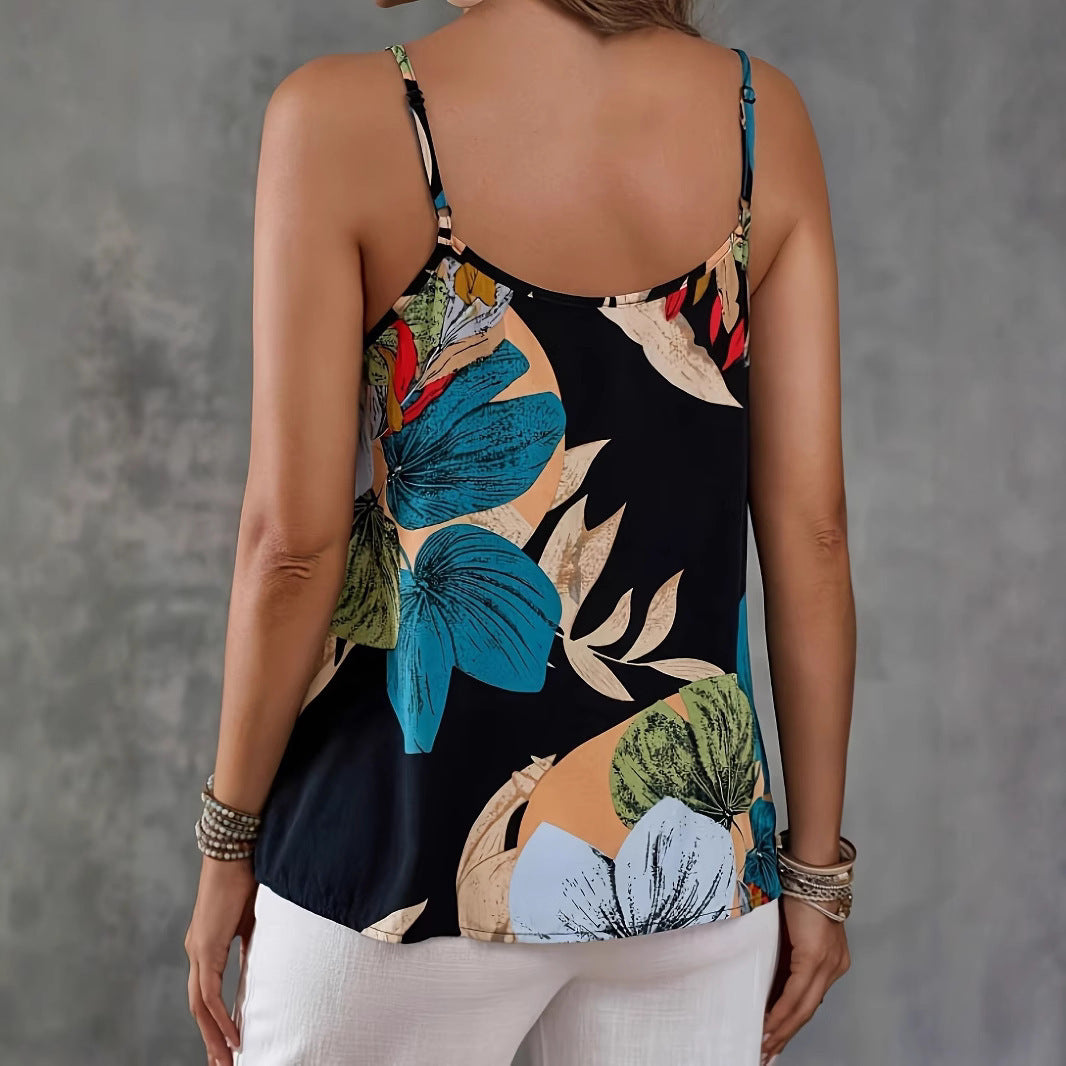 Damernas löst spaghetti-band topp med blommönster och V-hals Eva Jonsson-Eva Jonsson