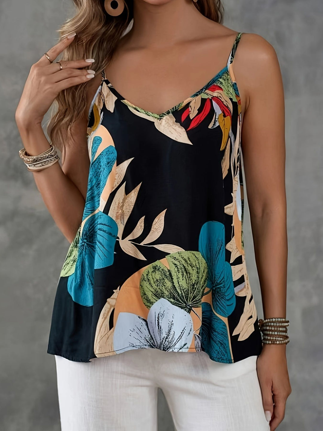 Damernas löst spaghetti-band topp med blommönster och V-hals Eva Jonsson-Eva Jonsson