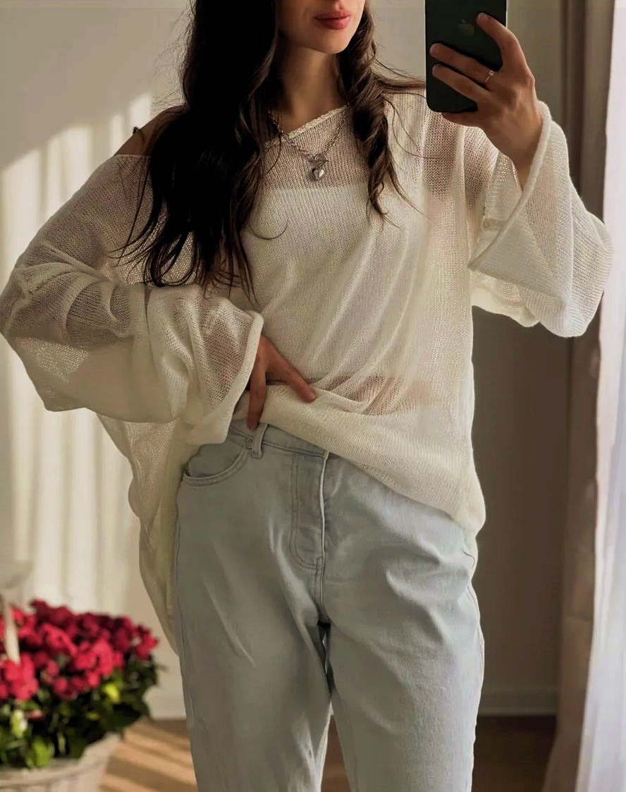 Damernas luftig oversized stickad tröja med vid skärning och transparent tyg Eva Jonsson-Eva Jonsson