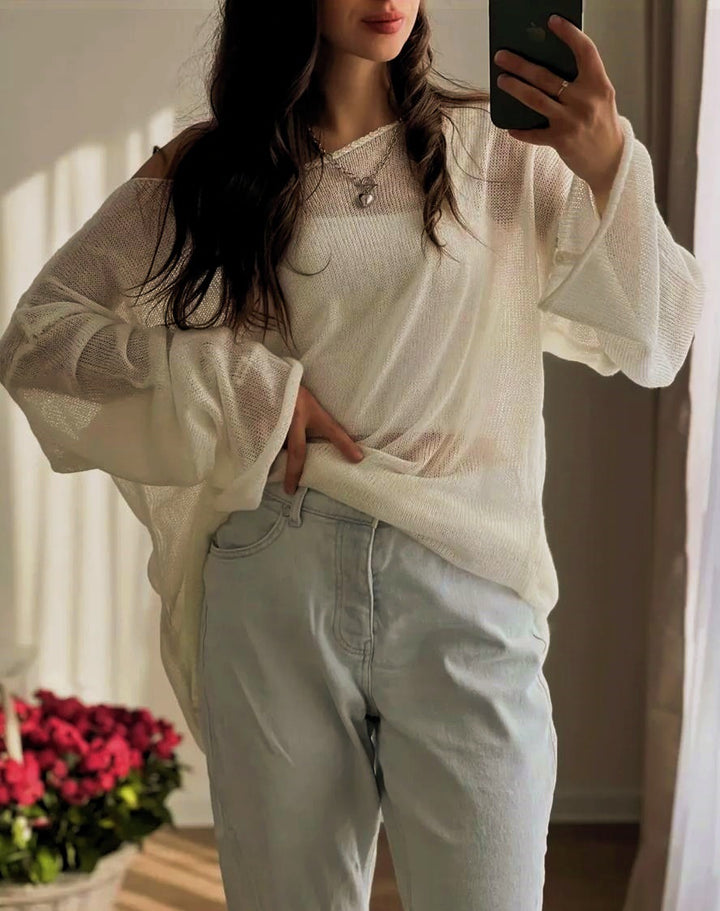 Damernas luftig oversized stickad tröja med vid skärning och transparent tyg Eva Jonsson-Eva Jonsson