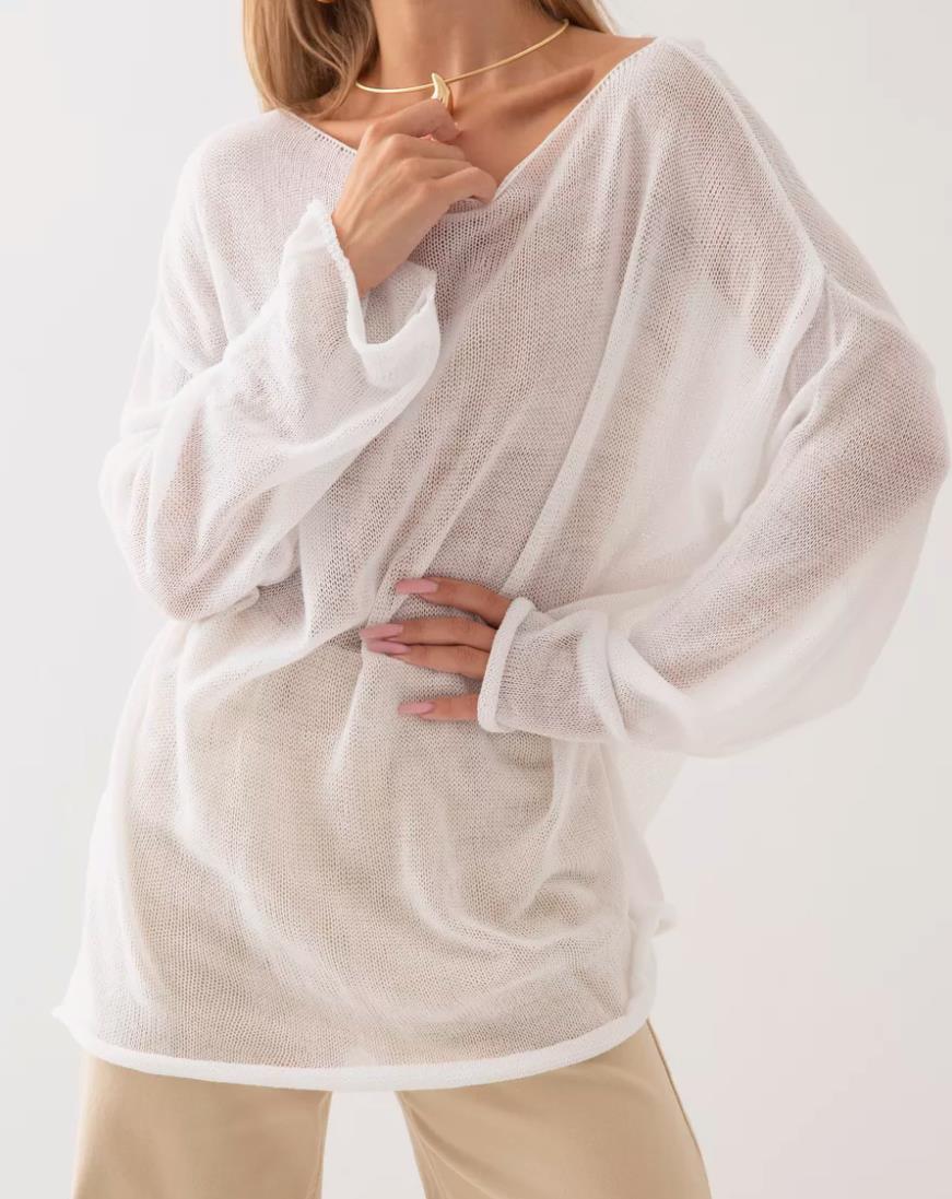 Damernas luftig oversized stickad tröja med vid skärning och transparent tyg Mirla-Eva Jonsson