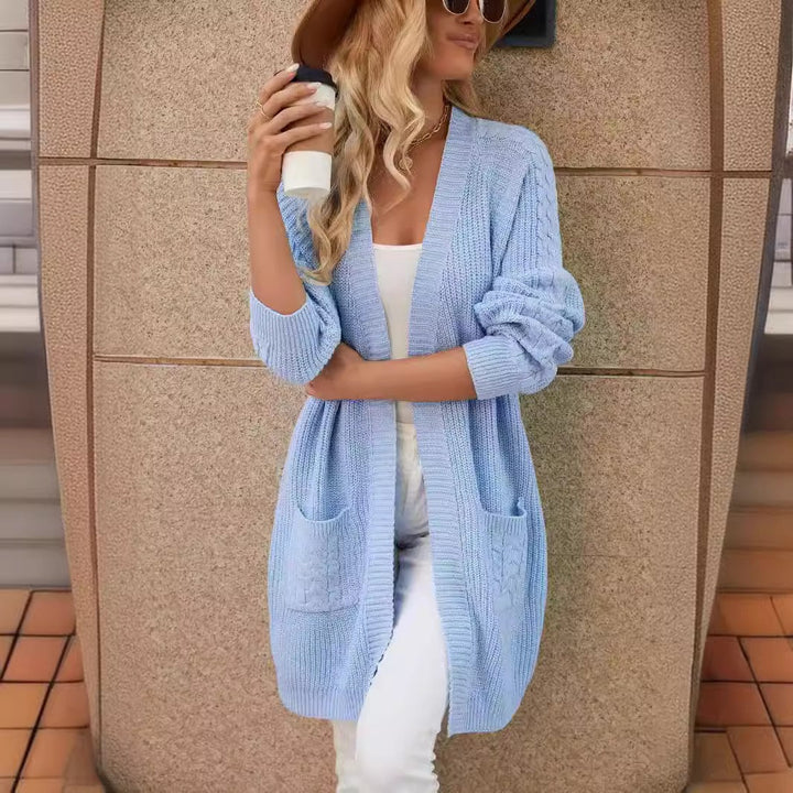 Damernas luftig stickad lång cardigan med praktiska fickor Eva Jonsson-Eva Jonsson