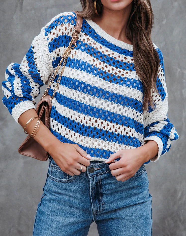 Damernas luftig stickad tröja med stort hålmönster och randig design Eva Jonsson-Eva Jonsson