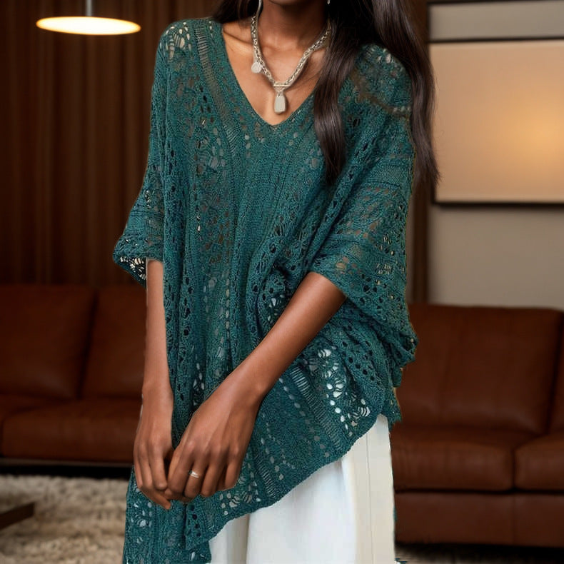 Damernas luftig virkad överdragsplagg med V-urringning och öppen design Eva Jonsson-Eva Jonsson