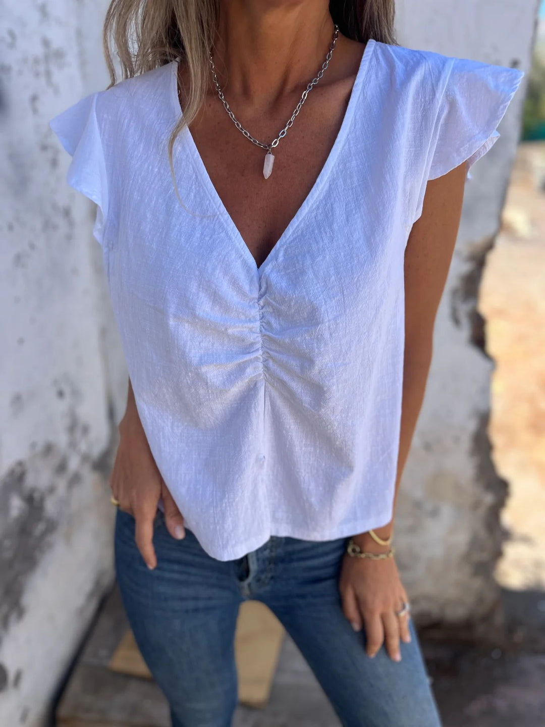 Damernas luftiga blus med rynkor och volangärmar Eva Jonsson-Eva Jonsson