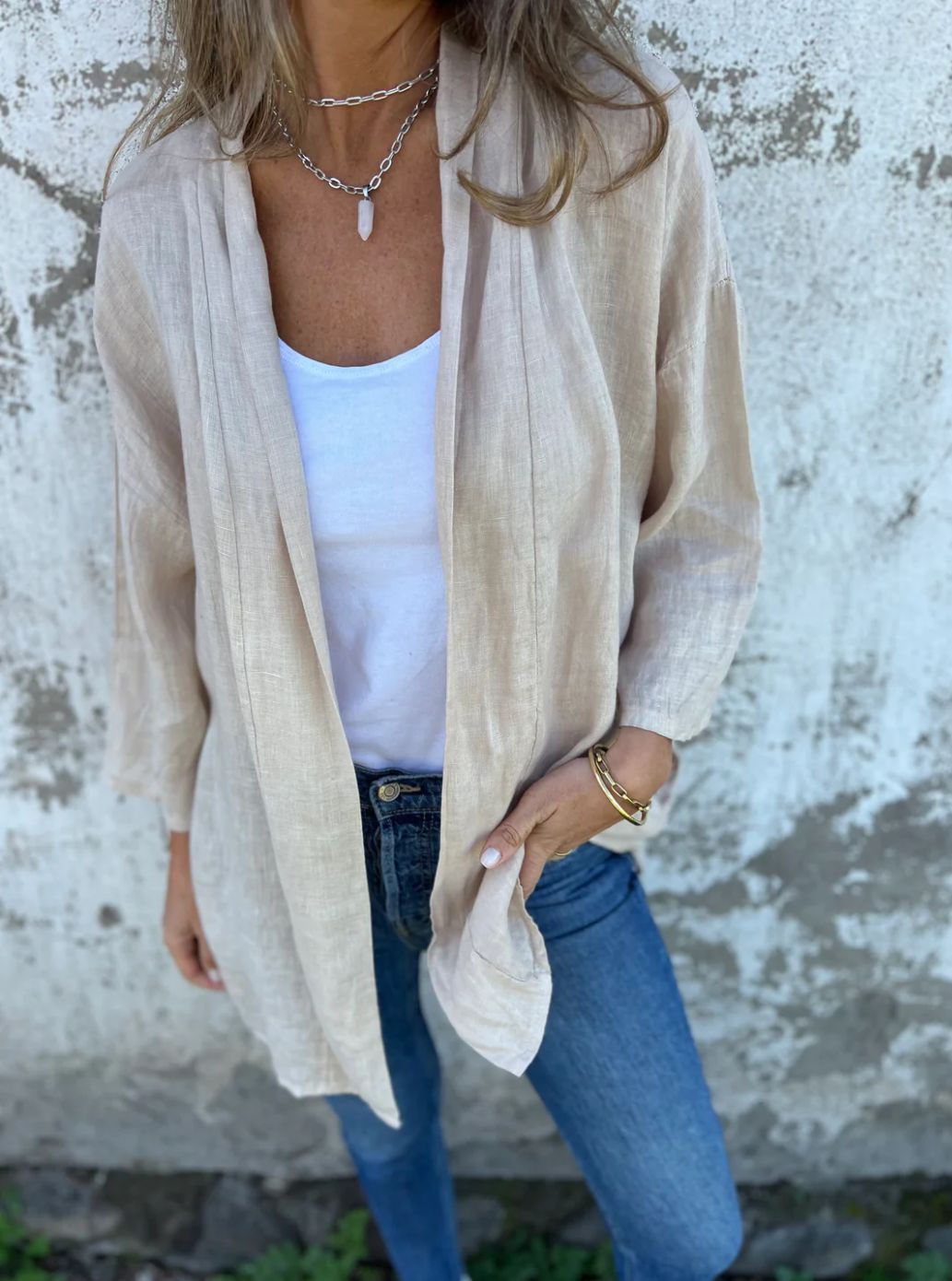 Damernas luftiga linnjacket med öppen skärning och långa ärmar Eva Jonsson-Eva Jonsson