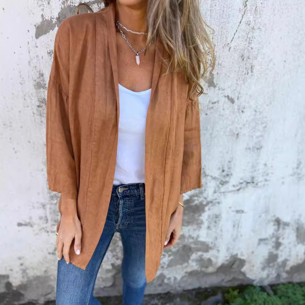 Damernas luftiga linnjacket med öppen skärning och långa ärmar Eva Jonsson-Eva Jonsson