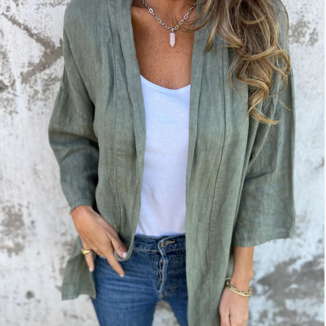 Damernas luftiga linnjacket med öppen skärning och långa ärmar Eva Jonsson-Eva Jonsson