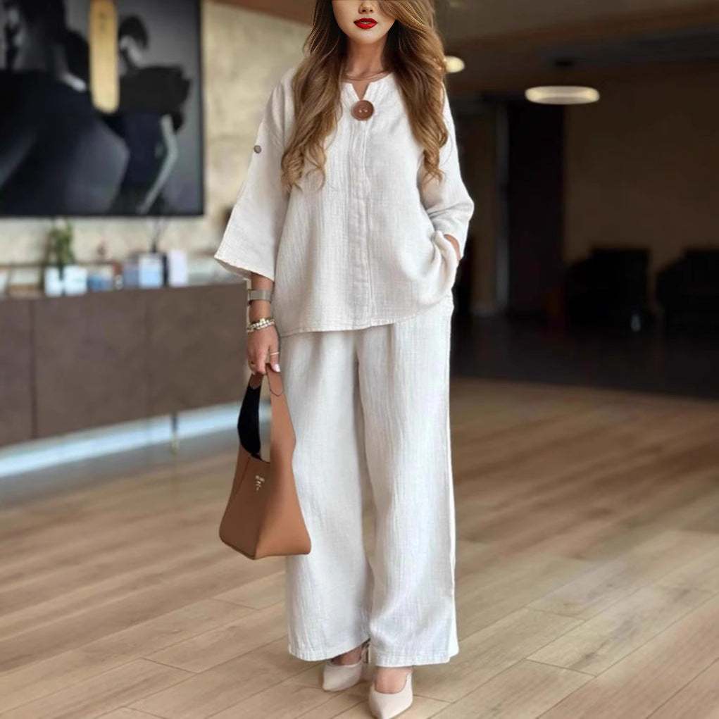 Damernas luftiga tvådelade linnekostymset med knappdetaljer Eva Jonsson-Eva Jonsson