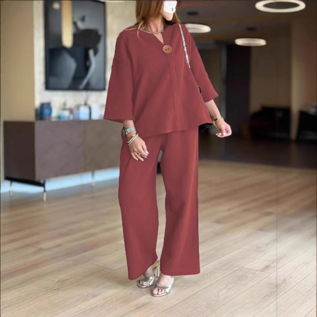 Damernas luftiga tvådelade linnekostymset med knappdetaljer Eva Jonsson-Eva Jonsson