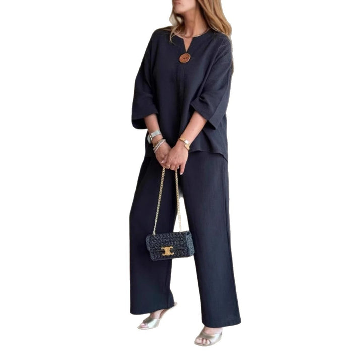 Damernas luftiga tvådelade linnekostymset med knappdetaljer Eva Jonsson-Eva Jonsson