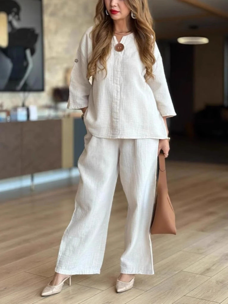 Damernas luftiga tvådelade linnekostymset med knappdetaljer Eva Jonsson-Eva Jonsson