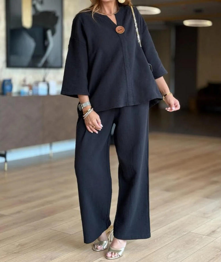 Damernas luftiga tvådelade linnekostymset med knappdetaljer Eva Jonsson-Eva Jonsson