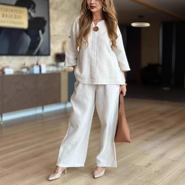 Damernas luftiga tvådelade linnekostymset med knappdetaljer Eva Jonsson-Eva Jonsson