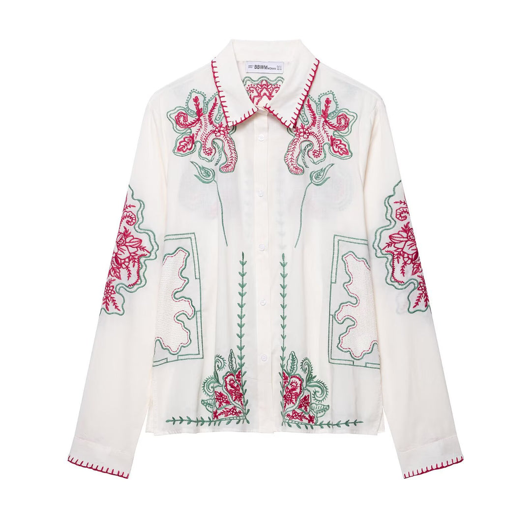 Damernas luftiga vida byxor med blommönstrad broderi Mirla-Eva Jonsson