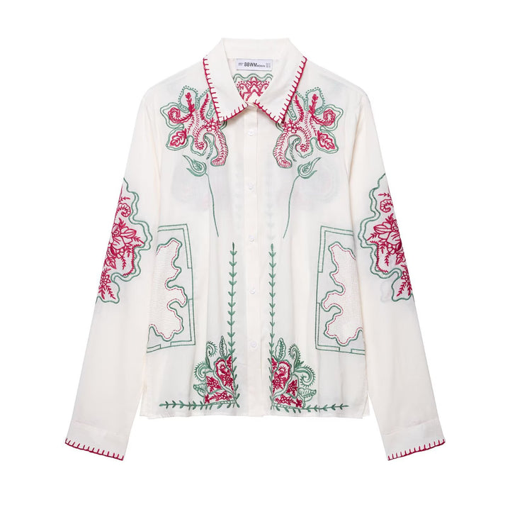 Damernas luftiga vida byxor med blommönstrad broderi Mirla-Eva Jonsson