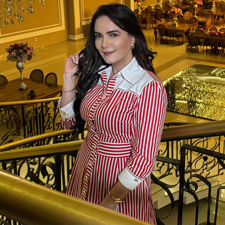 Damernas maxikjol med eleganta ränder och skjortkrage Mirla-Eva Jonsson