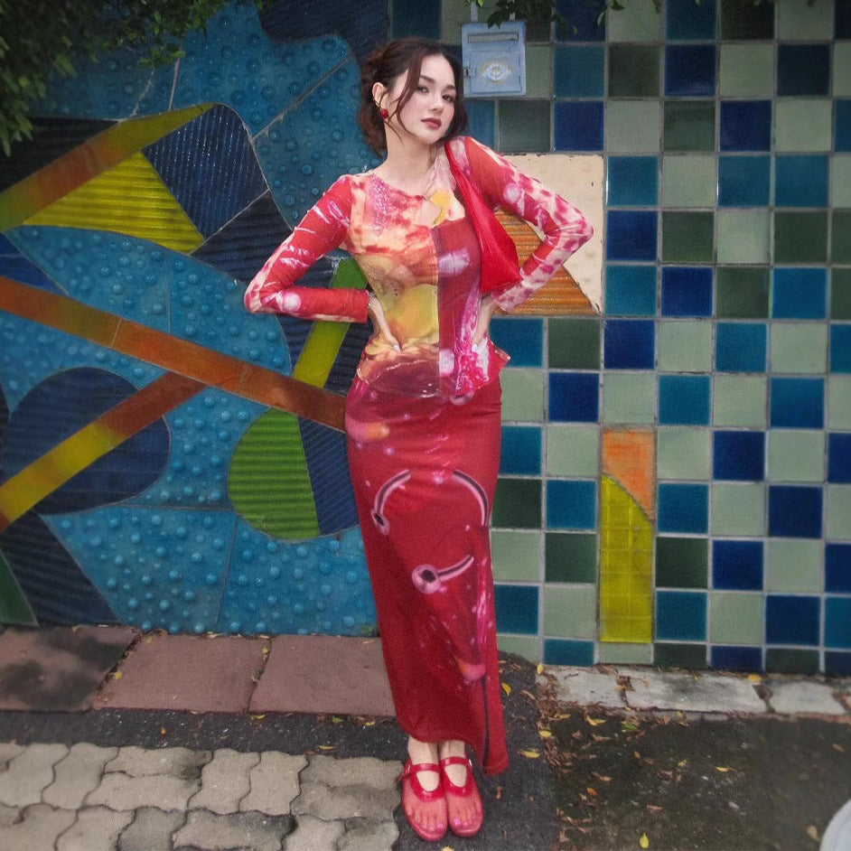 Damernas maxikjol med kreativ grafisk tryck och långa ärmar Eva Jonsson-Eva Jonsson