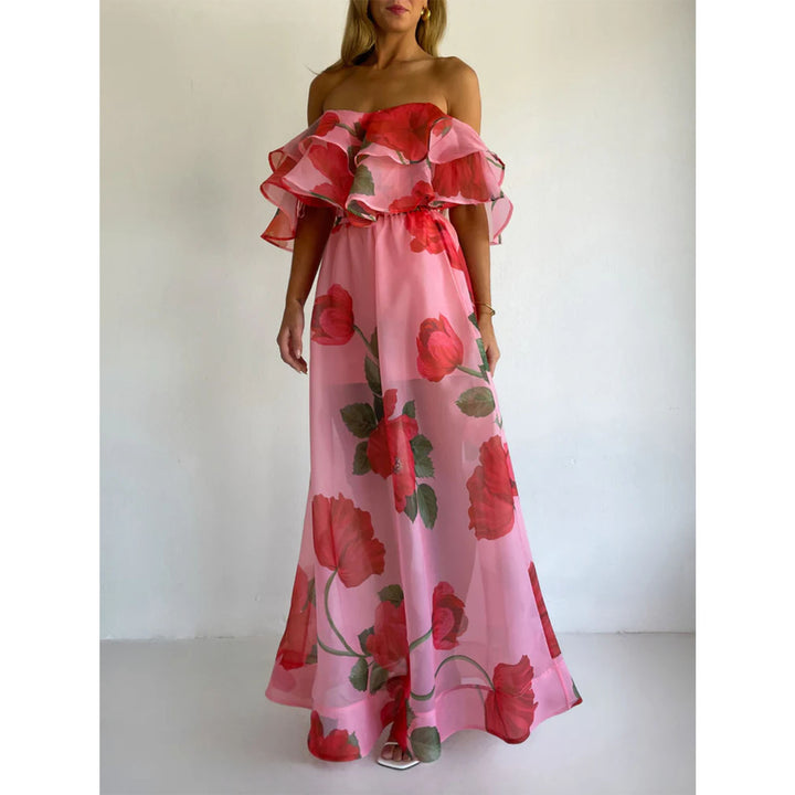 Damernas maxikjolset med off-shoulder topp och lekfullt ruffle design-Eva Jonsson