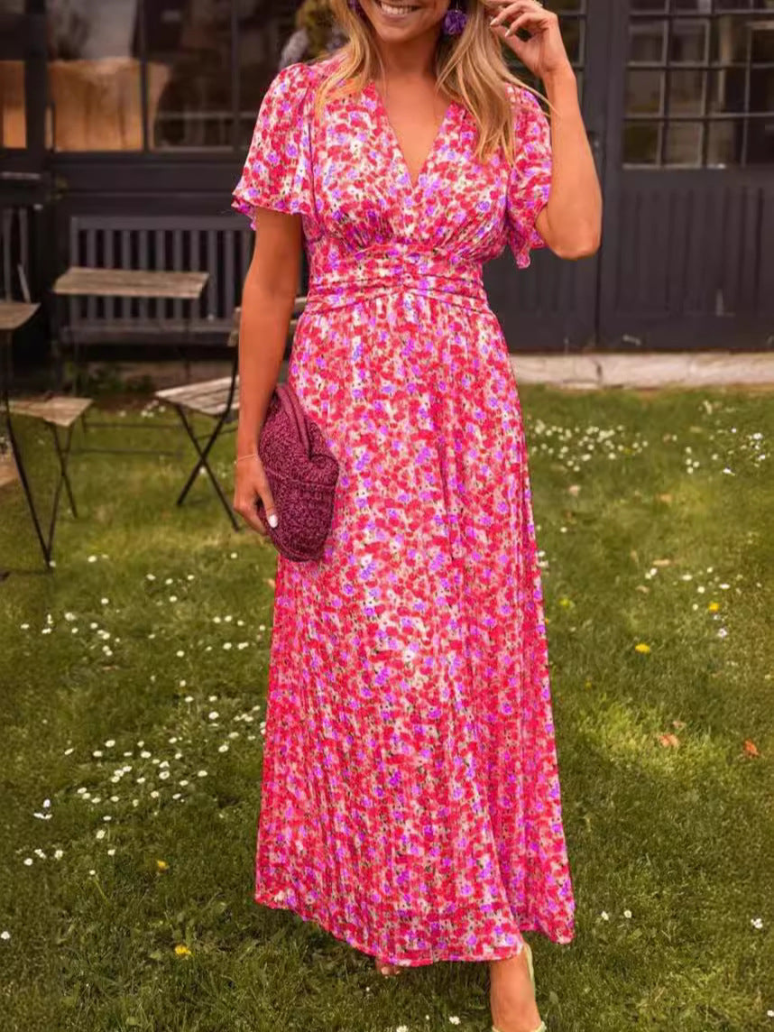Damernas maxiklädning med floral rynkning och V-ringning Mirla-Eva Jonsson