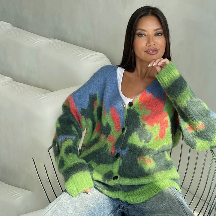 Damernas mjuka stickad cardigan med färggmönster Mirla-Eva Jonsson