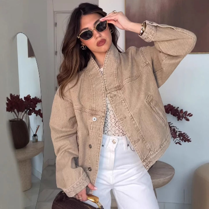Damernas moda oversized jeansjacka med trendig ståkrage Eva Jonsson-Eva Jonsson