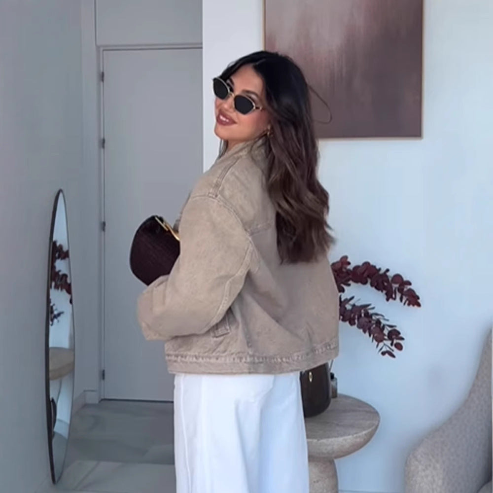 Damernas moda oversized jeansjacka med trendig ståkrage Eva Jonsson-Eva Jonsson