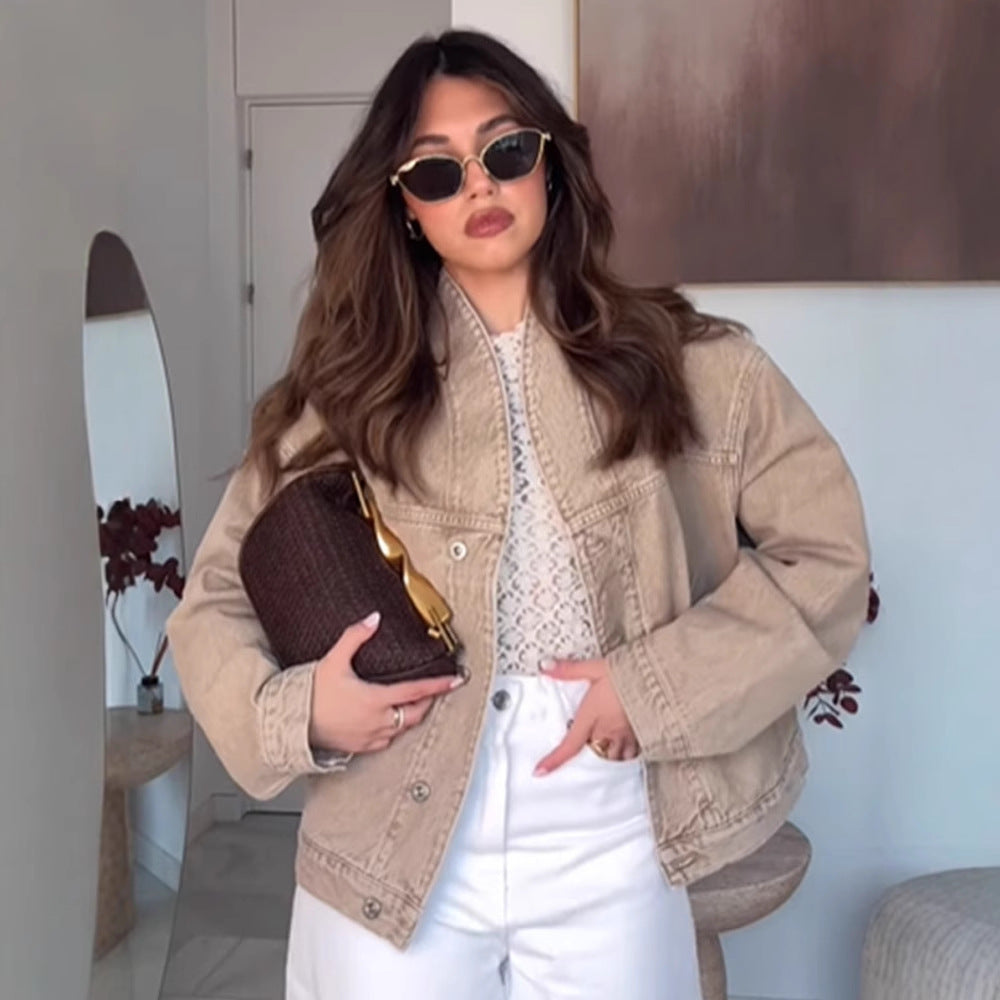 Damernas moda oversized jeansjacka med trendig ståkrage Eva Jonsson-Eva Jonsson