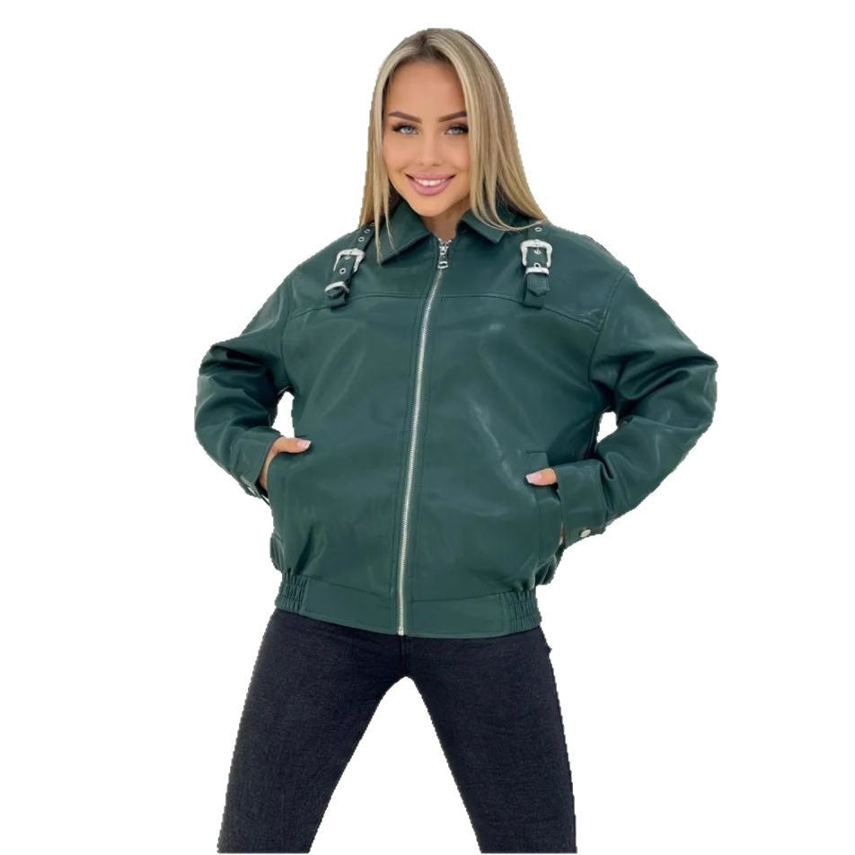 Damernas mode konstläderjacka i avslappnad stil med dekorativa detaljer Eva Jonsson-Eva Jonsson