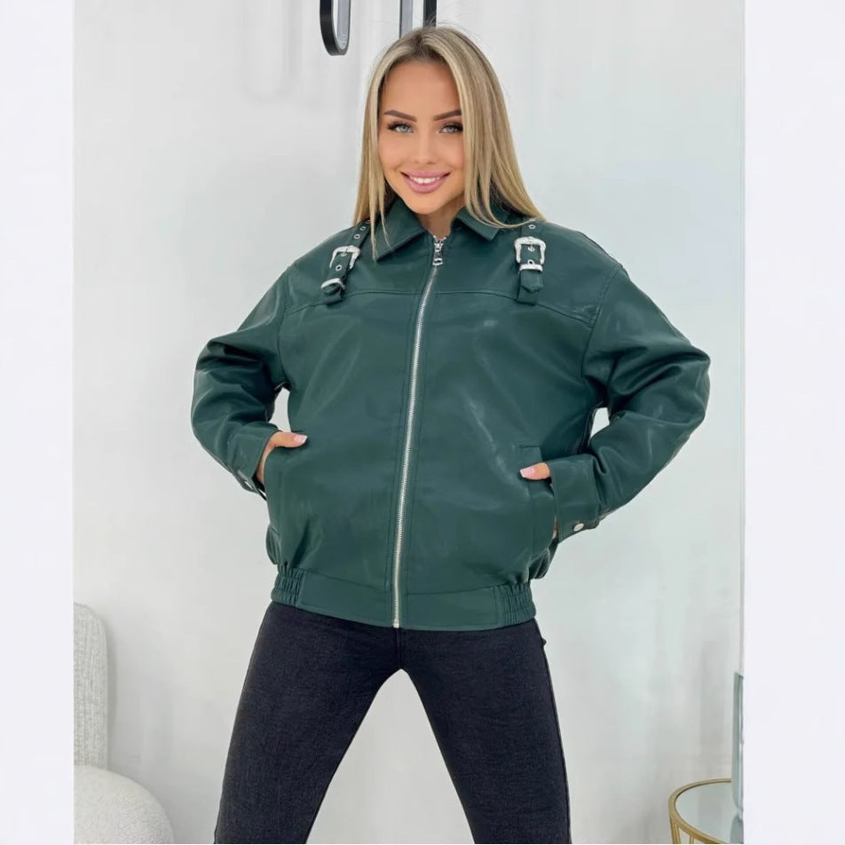 Damernas mode konstläderjacka i avslappnad stil med dekorativa detaljer Eva Jonsson-Eva Jonsson