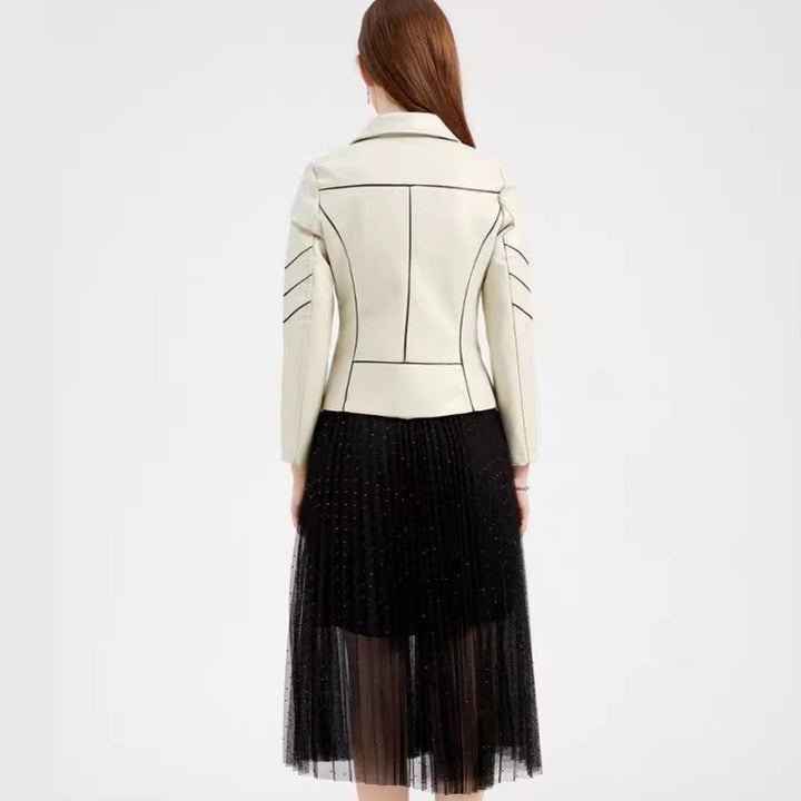 Damernas mode konstläderjacka med stilig ståkrage och eleganta kontrastsömmar Mirla-Eva Jonsson