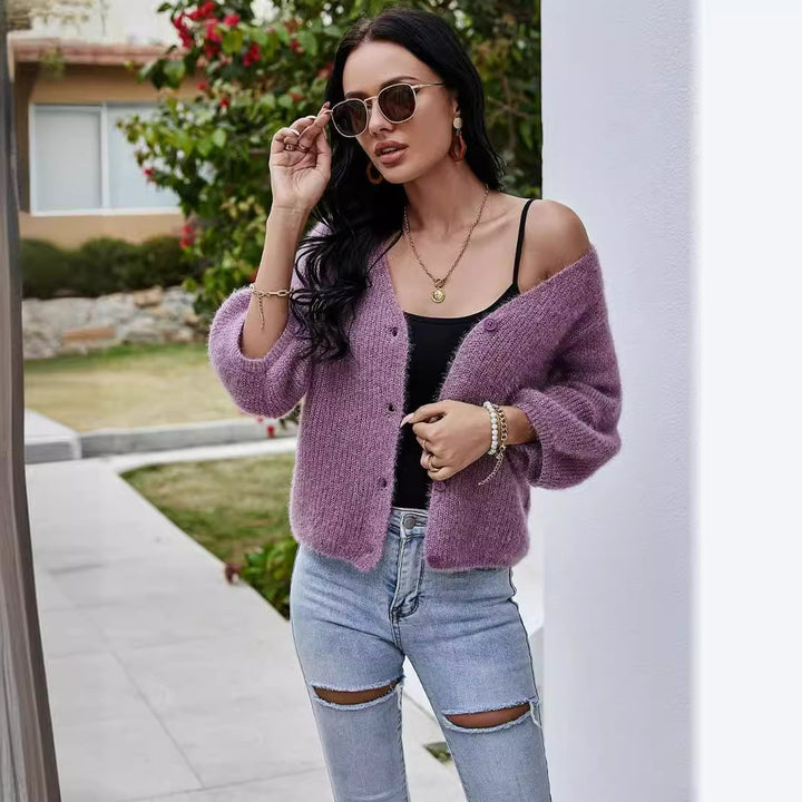 Damernas mode kortärmad stickad cardigan med knapppdetaljer Eva Jonsson-Eva Jonsson