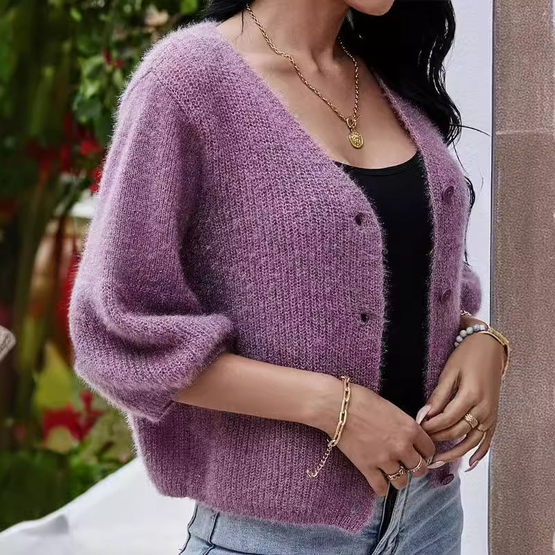 Damernas mode kortärmad stickad cardigan med knapppdetaljer Eva Jonsson-Eva Jonsson