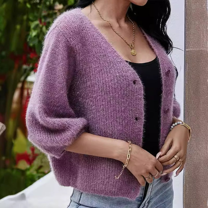 Damernas mode kortärmad stickad cardigan med knapppdetaljer Eva Jonsson-Eva Jonsson