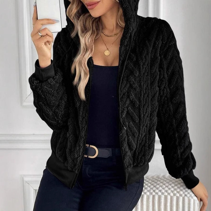 Damernas modefleecejacka med huva och ribbad mudd Mirla-Eva Jonsson
