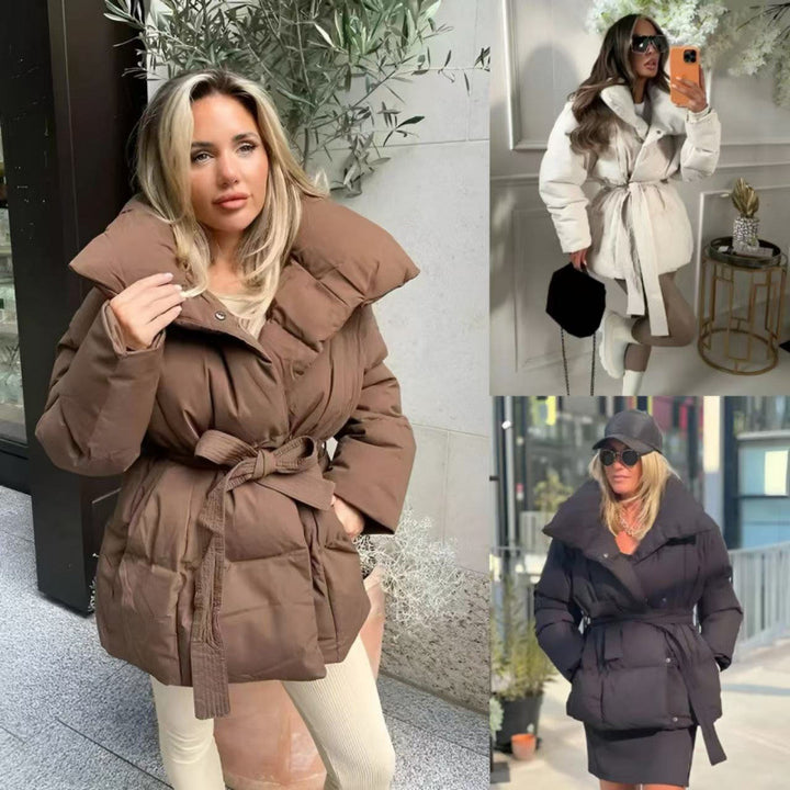 Damernas modemedvetna oversized dunjacka med bred krage och midjebälte Mirla-Eva Jonsson