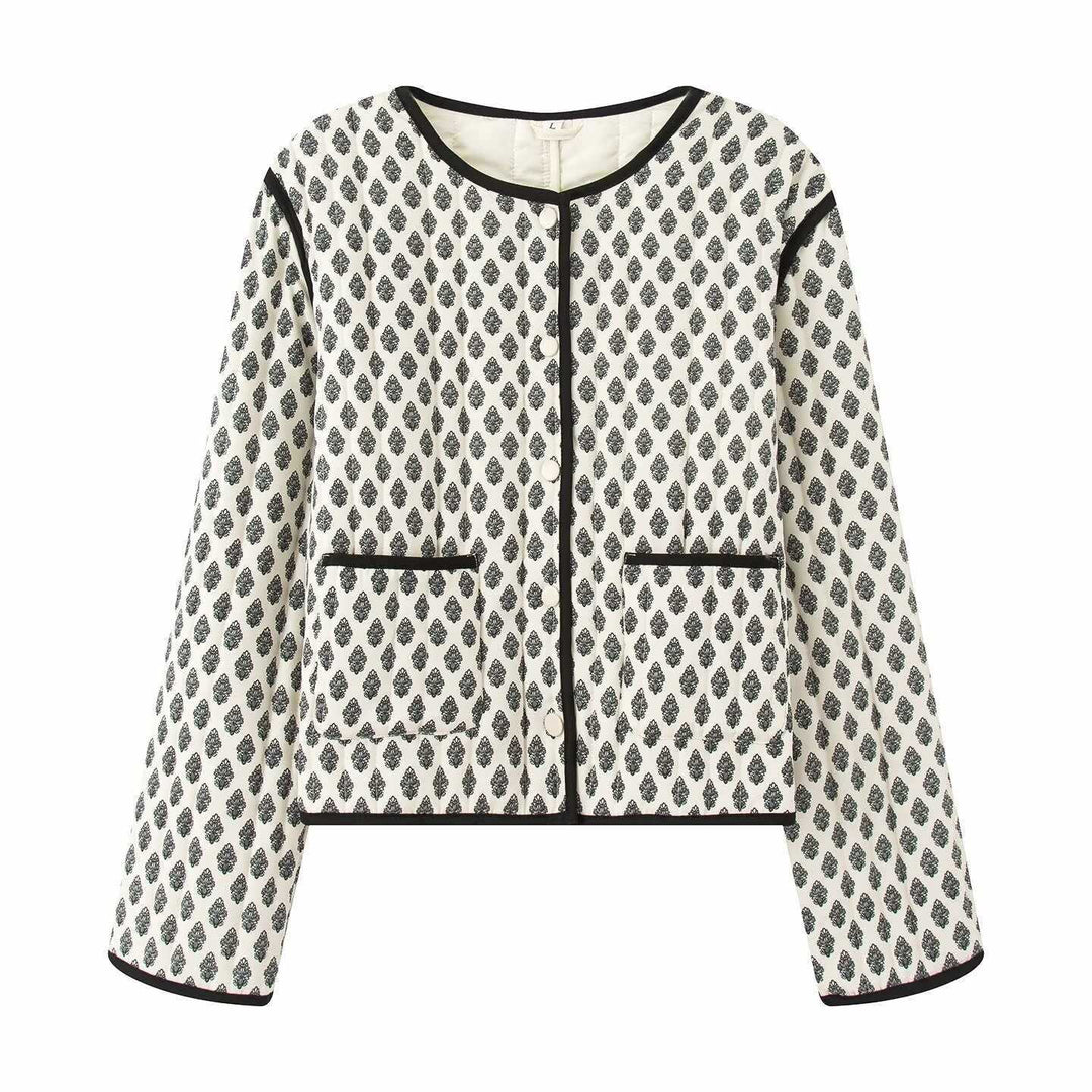 Damernas modetrendade västjacka med geometriskt mönster och praktiska fickor Mirla-Eva Jonsson