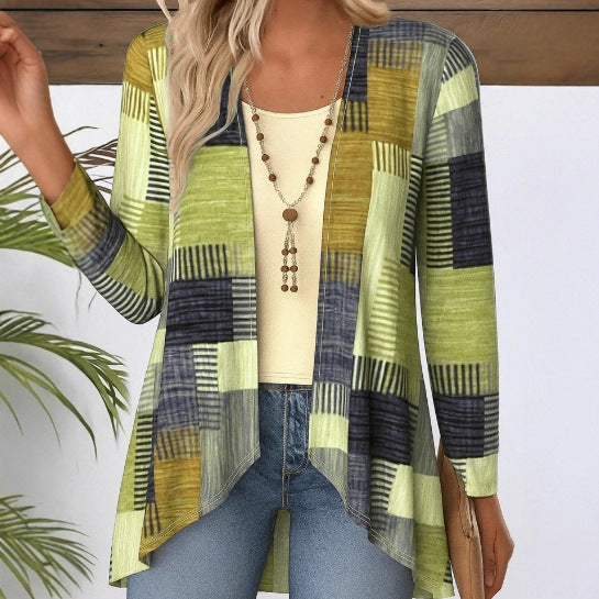 Damernas modiga cardigan med asymmetrisk skärning och geometriskt mönster Mirla-Eva Jonsson