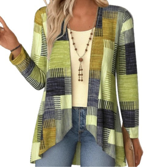 Damernas modiga cardigan med asymmetrisk skärning och geometriskt mönster Mirla-Eva Jonsson