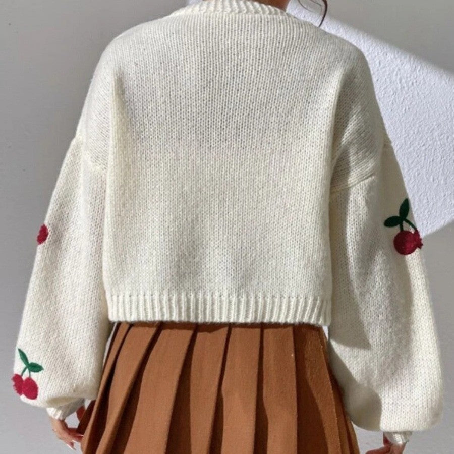 Damernas modiga stickad cardigan med fruktig broderi Mirla-Eva Jonsson