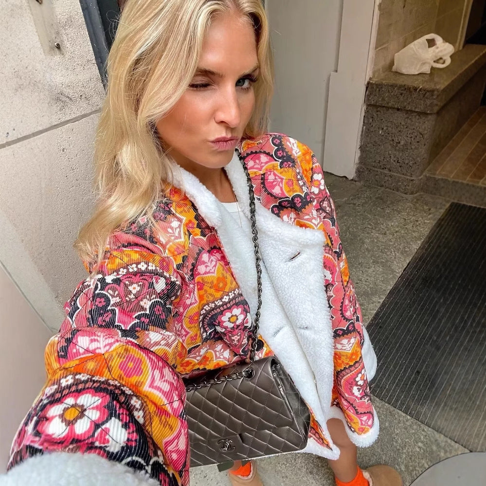 Damernas mönstrade vadderad jacka med varmt foder Mirla-Eva Jonsson