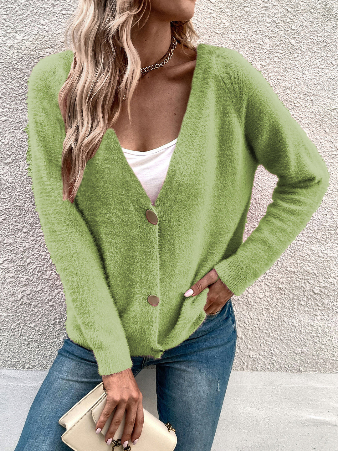 Damernas mysig V-ringad cardigan med knapppdetaljer Eva Jonsson-Eva Jonsson
