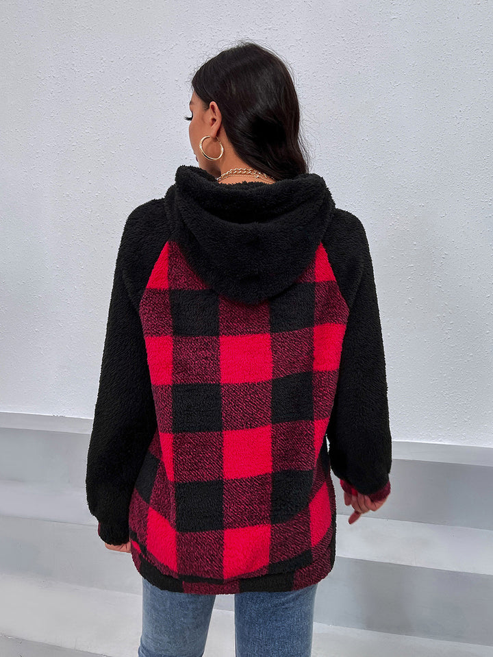 Damernas mysiga fleece-hoodie i modern rutig mönster Eva Jonsson-Eva Jonsson