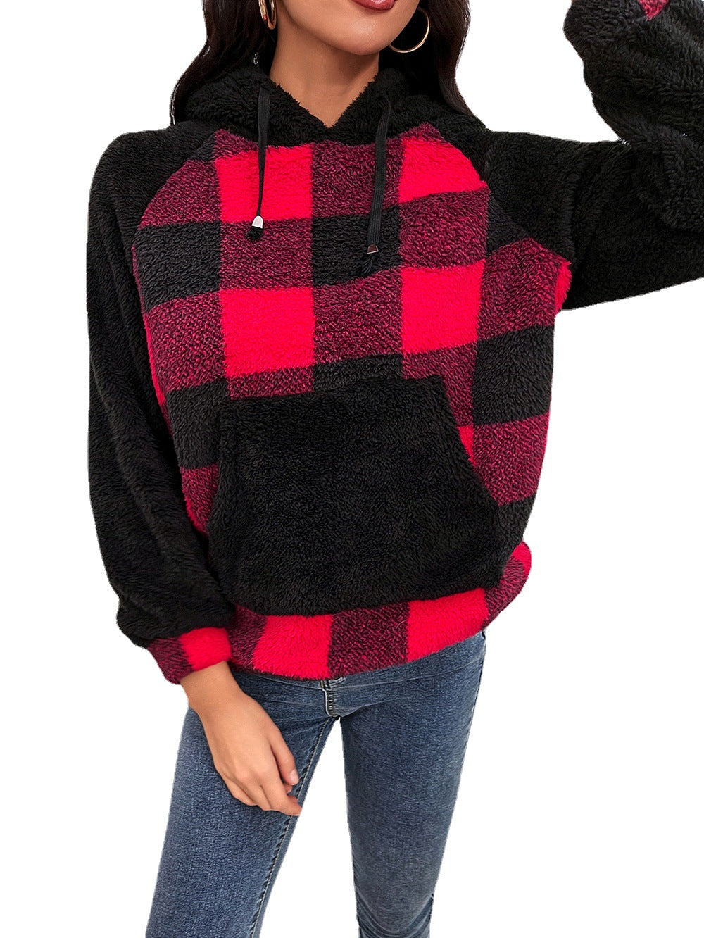 Damernas mysiga fleece-hoodie i modern rutig mönster Eva Jonsson-Eva Jonsson