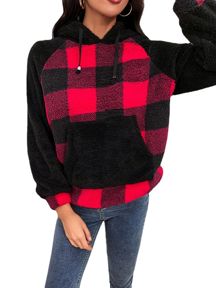 Damernas mysiga fleece-hoodie i modern rutig mönster Eva Jonsson-Eva Jonsson