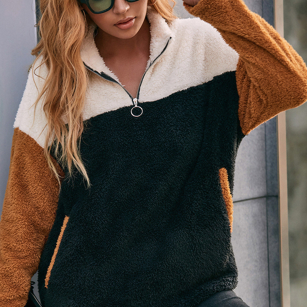 Damernas mysiga fleece-pulloversjacka med halv dragkedja och färgblockdesign Eva Jonsson-Eva Jonsson