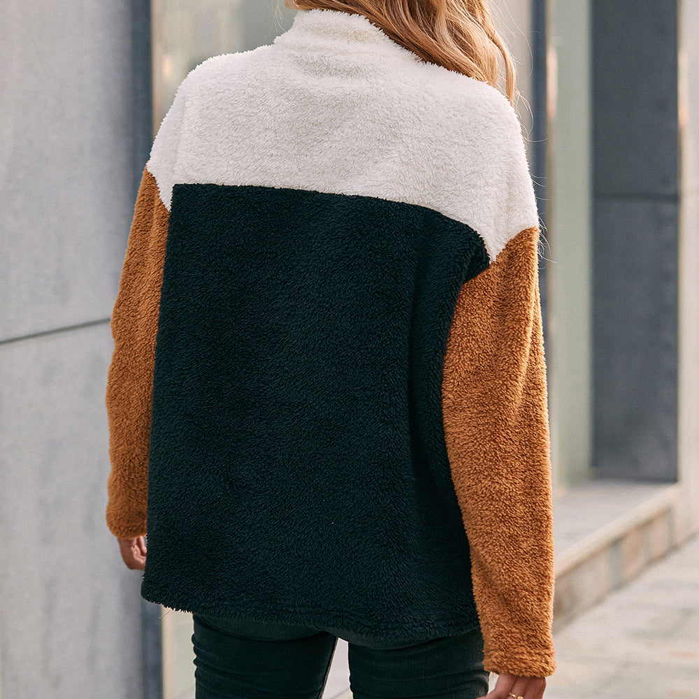 Damernas mysiga fleece-pulloversjacka med halv dragkedja och färgblockdesign Eva Jonsson-Eva Jonsson