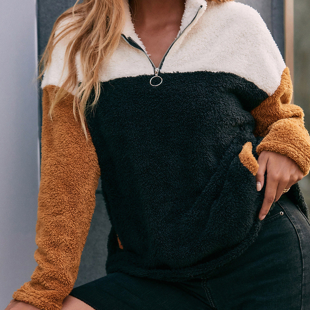 Damernas mysiga fleece-pulloversjacka med halv dragkedja och färgblockdesign Eva Jonsson-Eva Jonsson