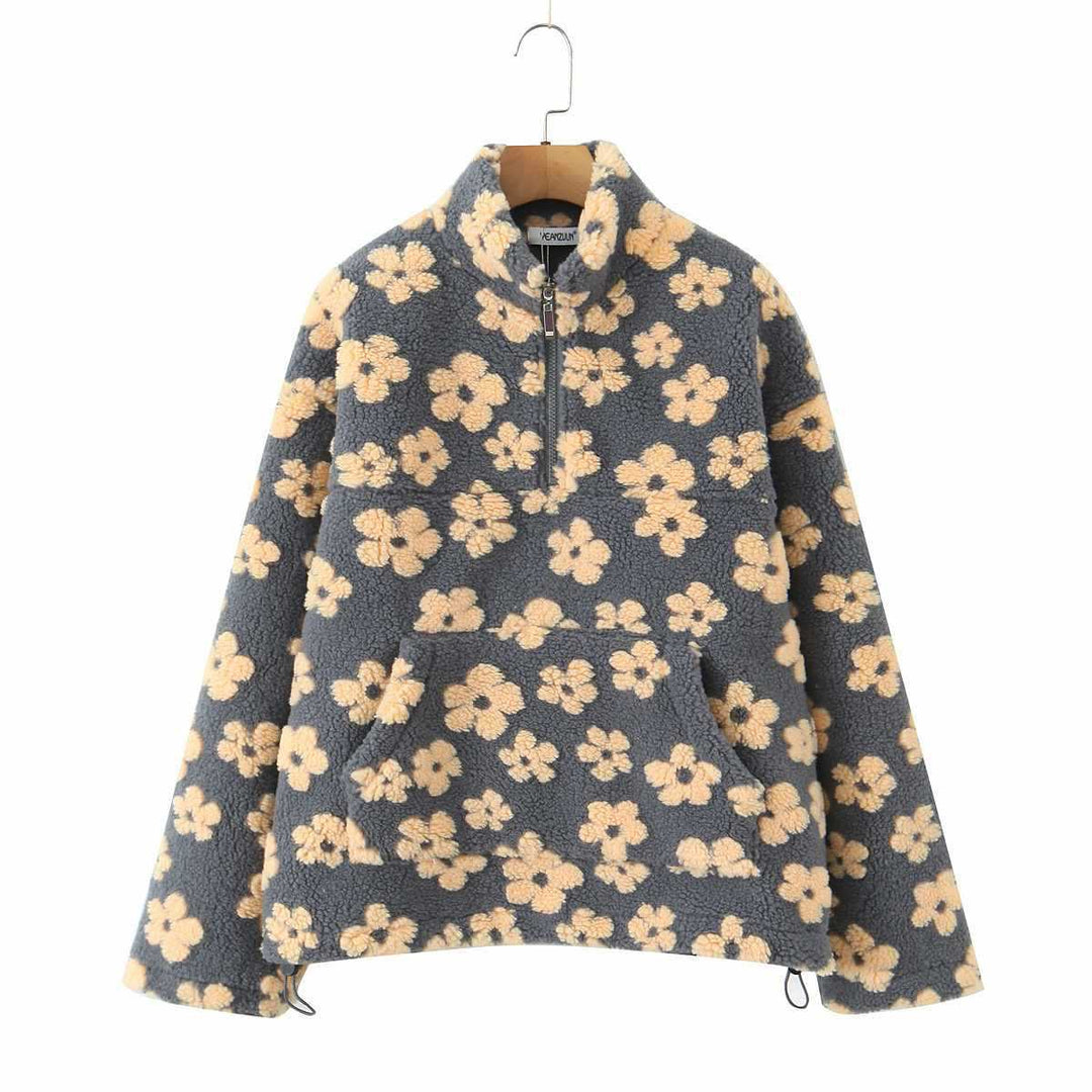 Damernas mysiga fleece-tröja med blommönster Mirla-Eva Jonsson